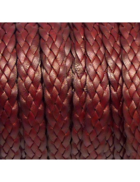 20cm de lanière cuir tressé plat 8,5mm de couleur bordeaux, rouge marsala - CUIR VERITABLE