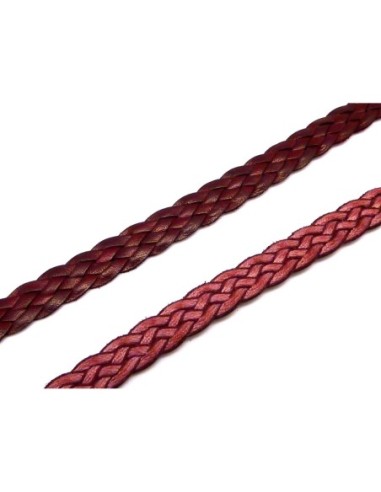 20cm de lanière cuir tressé plat 8,5mm de couleur bordeaux, rouge marsala - CUIR VERITABLE