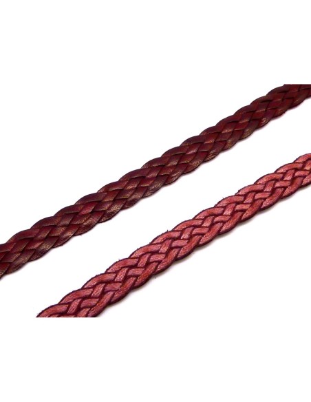 20cm de lanière cuir tressé plat 8,5mm de couleur bordeaux, rouge marsala - CUIR VERITABLE
