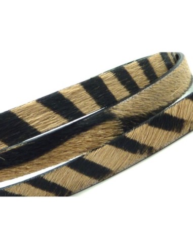 20cm de Lanière cuir plat à poils de couleur beige noir, marron foncé  impression zèbre- CUIR VERITABLE
