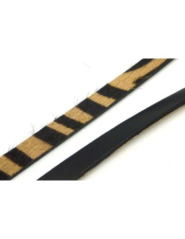 20cm de Lanière cuir plat à poils de couleur beige noir, marron foncé  impression zèbre- CUIR VERITABLE