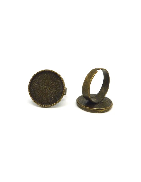 2 Supports bagues réglable pour cabochon rond de 18mm en métal de couleur bronze