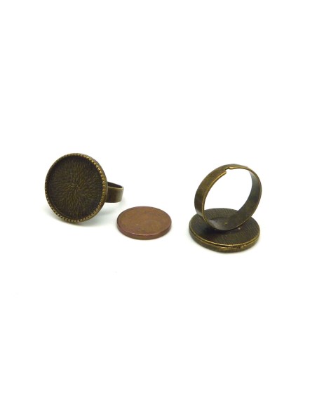 2 Supports bagues réglable pour cabochon rond de 18mm en métal de couleur bronze