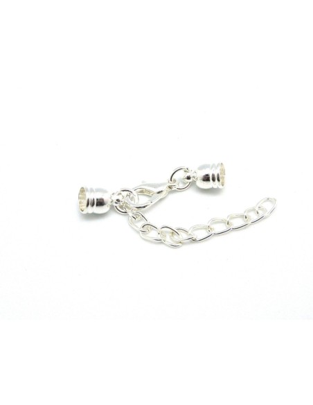 5 Fermoirs mousqueton embout rond pour cordon de 5mm en métal argenté brillant blanc avec chainette de rallonge