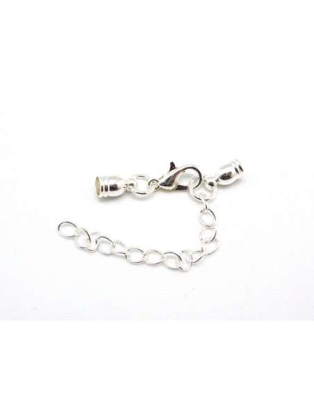 5 Fermoirs mousqueton embout rond pour cordon de 4mm en métal argenté brillant blanc avec chainette de rallonge