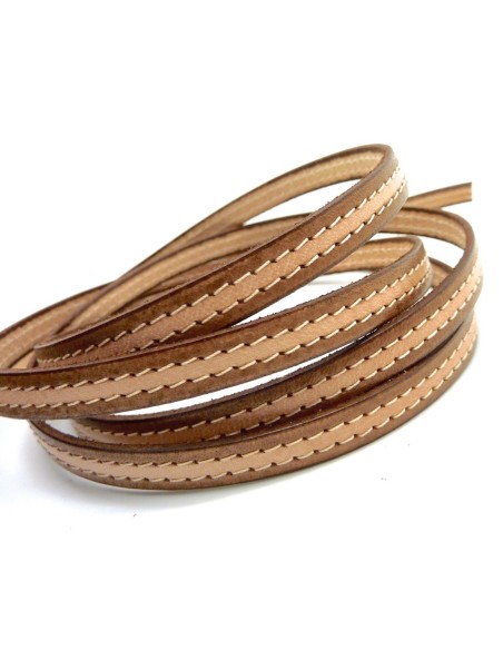 20cm lanière cuir plat 10mm bicolore, avec couture, de couleur marron et beige naturel CUIR VERITABLE
