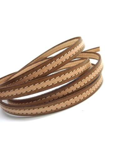 20cm lanière cuir plat 10mm bicolore, avec couture, de couleur marron et beige naturel CUIR VERITABLE