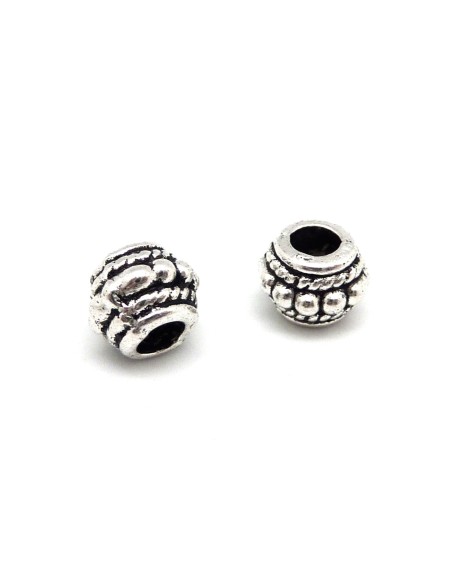 10 Perles cylindre, tube 8,3mm en métal argenté travaillé trou 3,6mm