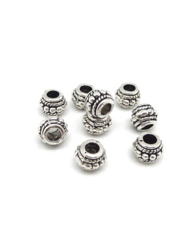 10 Perles cylindre, tube 8,3mm en métal argenté travaillé trou 3,6mm
