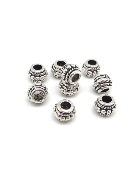 10 Perles cylindre, tube 8,3mm en métal argenté travaillé trou 3,6mm