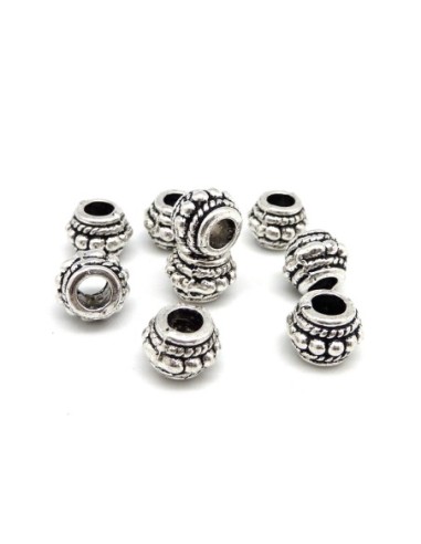 10 Perles cylindre, tube 8,3mm en métal argenté travaillé trou 3,6mm