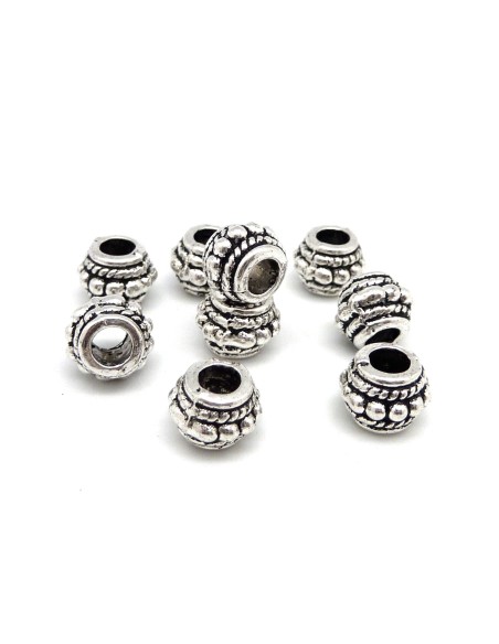 10 Perles cylindre, tube 8,3mm en métal argenté travaillé trou 3,6mm