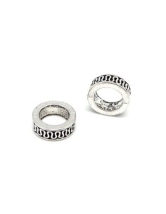 10 Perles anneau, cylindre à gros trou 7,4mm en métal argenté travaillé