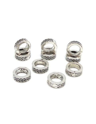 Perles anneau à gros trou 7,4mm en métal argenté travaillé ethnique
