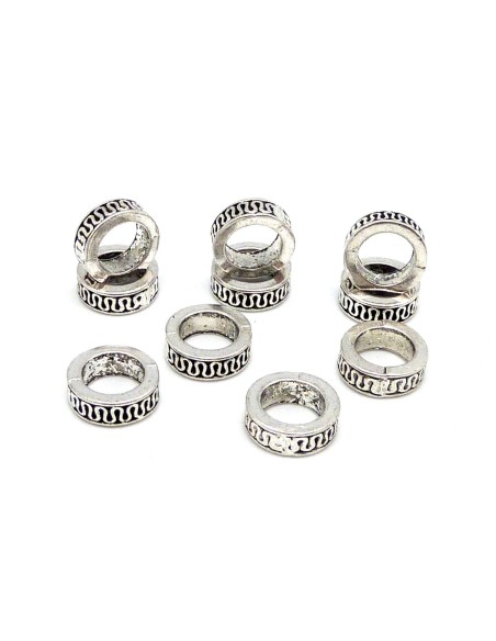 Perles anneau à gros trou 7,4mm en métal argenté travaillé ethnique