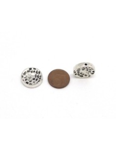 5 Perles plates, irrégulière palet 16mm en métal argenté gravé 2