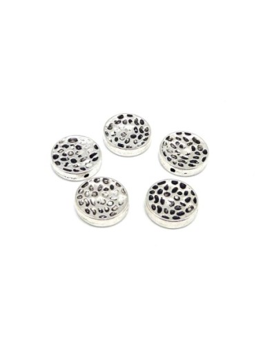 5 Perles plates, irrégulière palet 16mm en métal argenté gravé