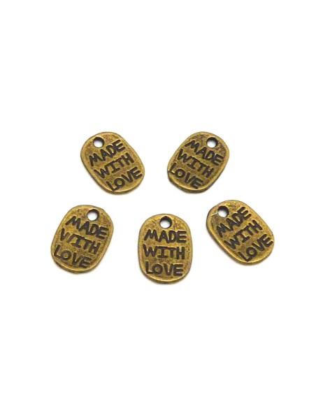 20 Breloques sequin rectangle avec message "made with love" en métal de couleur bronze 11,2mm