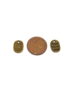 20 Breloques sequin rectangle avec message "made with love" en métal de couleur bronze 11,2mm 2