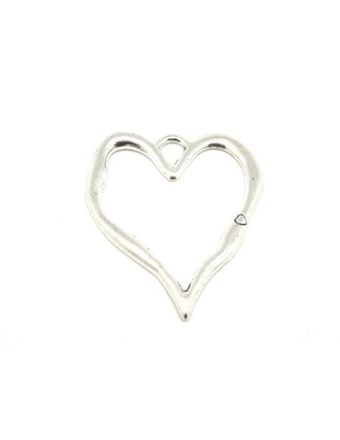 Grand Pendentif coeur évidé en métal argenté 7,7cm gravé d'un petit coeur