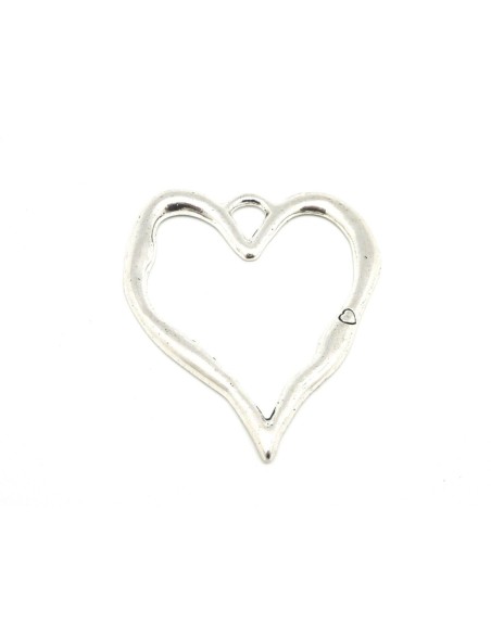 Grand Pendentif coeur évidé en métal argenté 7,7cm gravé d'un petit coeur