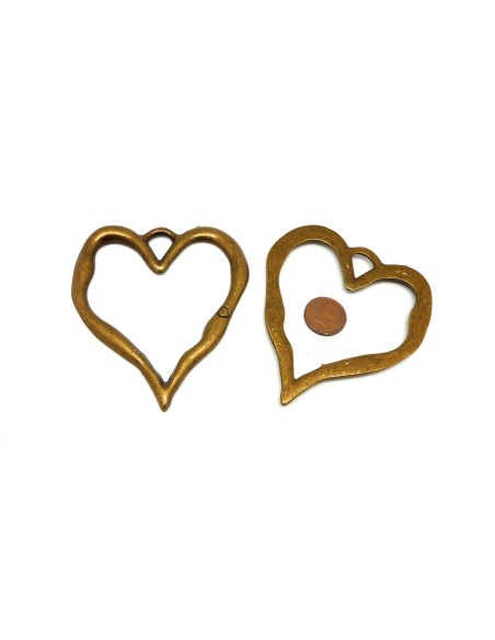 Grand Pendentif coeur bronze 7,7cm gravé d'un petit coeur