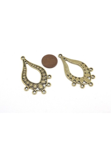 2 Grands Connecteurs support losange, goutte pour boucle d'oreille 47mm, pendentif en métal doré pâle travaillé