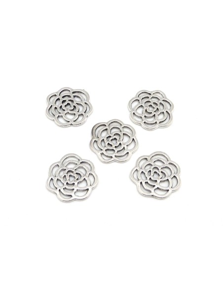  Perle connecteur rose fleur en métal argenté