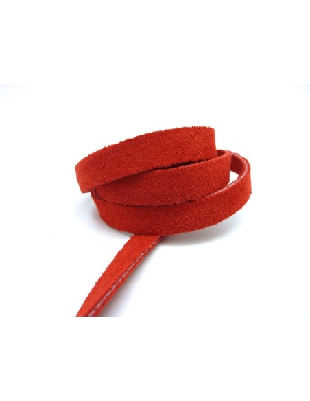50cm de Cordon daim plat 10mm de couleur rouge rosé corail - DAIM VERITABLE - CUIR RETOURNE