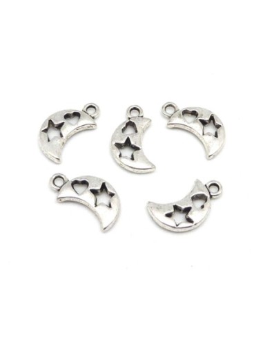 5 Breloques lune évidé motif coeur et étoile en métal argenté 16,8mm