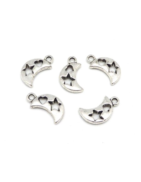 5 Breloques lune évidé motif coeur et étoile en métal argenté 16,8mm