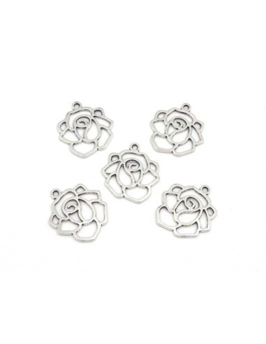 Breloque Estampe Rose fine évidé, connecteur en métal argenté 