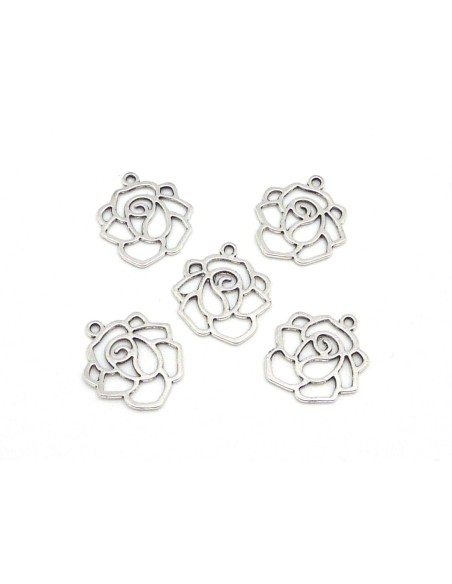 Breloque Estampe Rose fine évidé, connecteur en métal argenté 