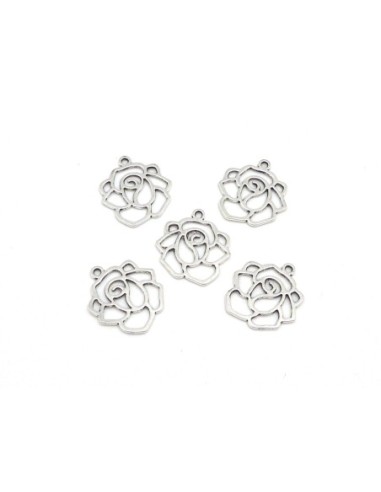 Breloque Estampe Rose fine évidé, connecteur en métal argenté 