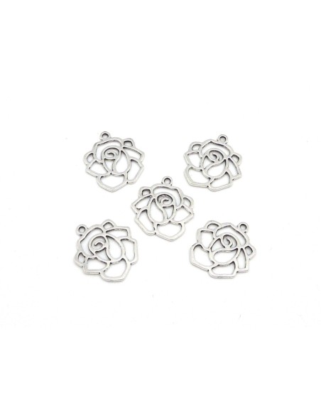 Breloque Estampe Rose fine évidé, connecteur en métal argenté 