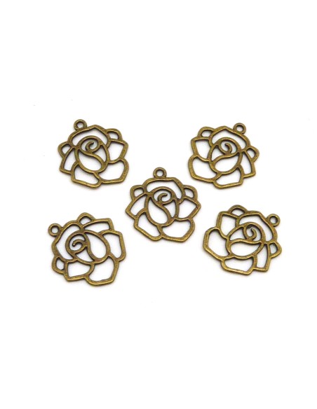 Breloque Estampe Rose fine évidé métal de couleur bronze