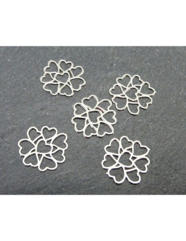 5 Estampes en filigrane connecteur coeur en forme de fleur 12mm en métal argenté très fin