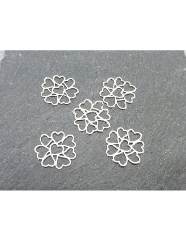 5 Estampes en filigrane connecteur coeur en forme de fleur 12mm en métal argenté très fin