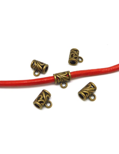 10 bélières, tube ajouré travaillé, Perles support breloque en métal de couleur bronze pour cordon de 4mm