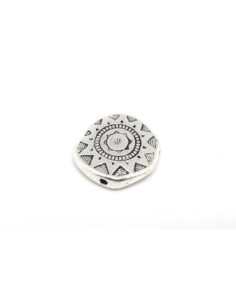 3 Perles plates, pastille travaillé style ethnique motif soleil étoilé 17mm en métal argenté gravé 2