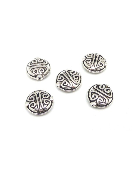 3 Perles galet pastille travaillé style ethnique 15mm en métal argenté vieilli