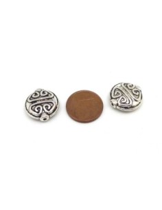 3 Perles galet pastille travaillé style ethnique 15mm en métal argenté vieilli 2