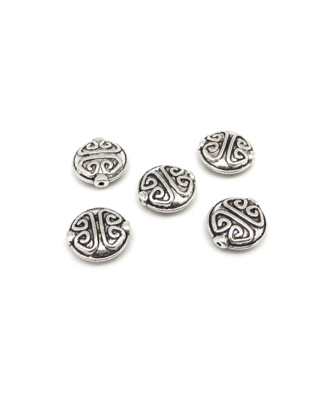 3 Perles galet pastille travaillé style ethnique 15mm en métal argenté vieilli