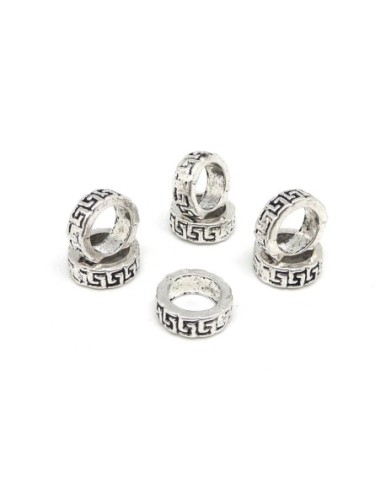 10 Perles anneau, cylindre à gros trou 7,8mm donut en métal argenté vieilli travaillé