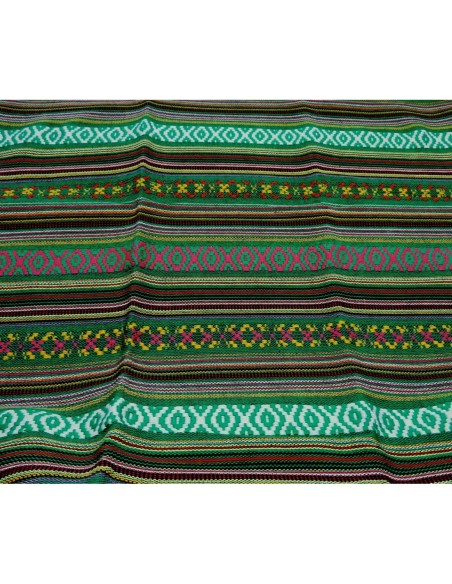 Coupon tissus ethnique aztèque style bohème 45cm X 140cm dominante vert et multicolore : blanc, orange, rouge, rose
