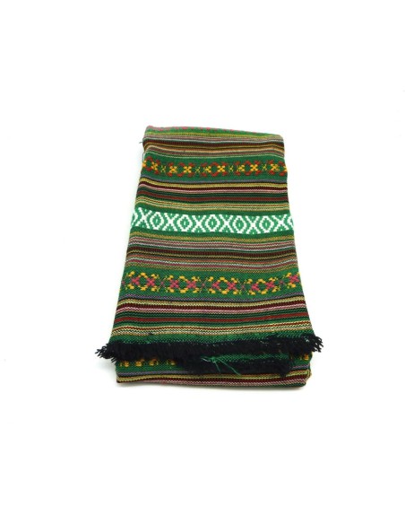 Coupon tissus ethnique aztèque style bohème 45cm X 140cm dominante vert et multicolore : blanc, orange, rouge, rose