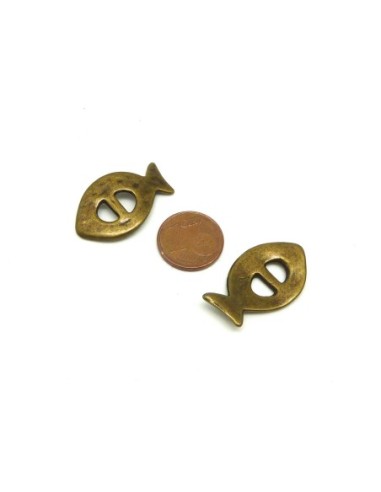 3 Perles passant boucle poisson pour lanière de 6mm en métal de couleur bronze martelé