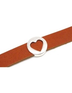 perle passant coeur évidé en métal argenté lisse pour lanière cuir de 13mm slide
