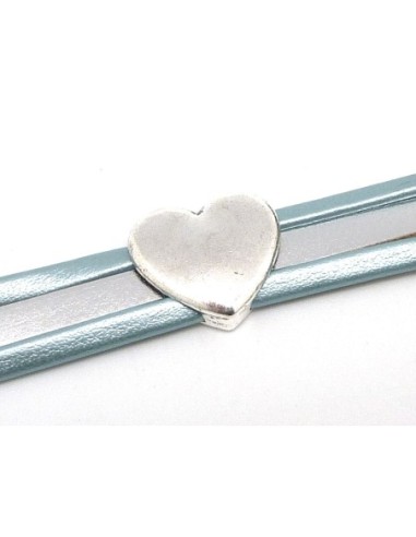perle passant coeur en métal argenté lisse pour lanière cuir de 12mm slide