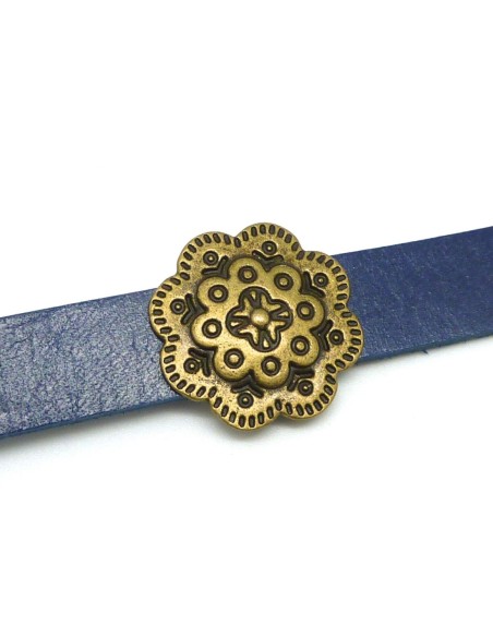 2 Perles passant fleur slide en métal de couleur bronze pour lanière de 13mm